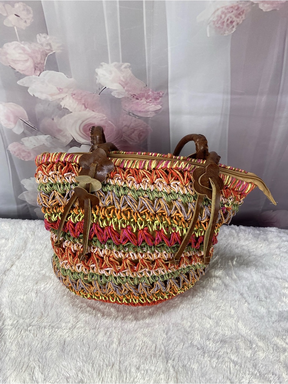 Multicolor Woven Straw Tote Bag with Leather Handles
